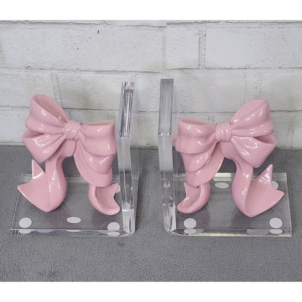 Pink Bow Bookends Coquette Bookend Acrylic Resin Girly Office Nursery 2 Pc Clear - Picture 2 of 8